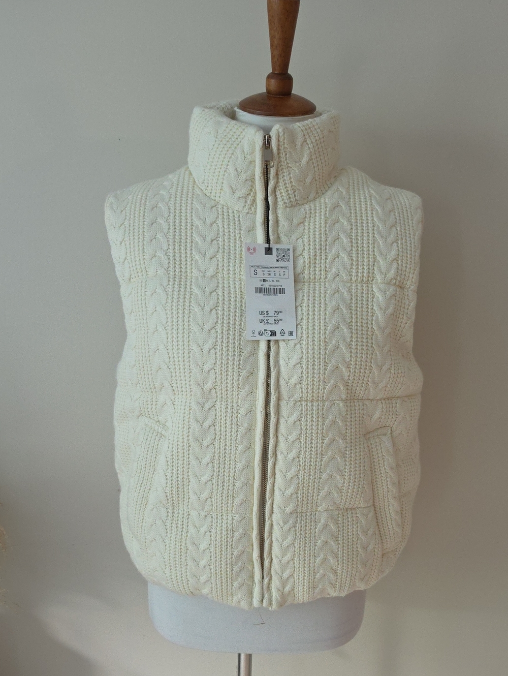 Zara Cream Cable Knit Puffer Vest - Zip Front